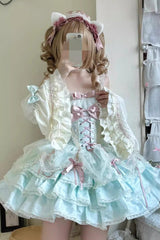 Green Sleeveless Multi-layer Ruffle Bowknot Lace-Up Sweet Princess Lolita Jsk Dress - Product - 2