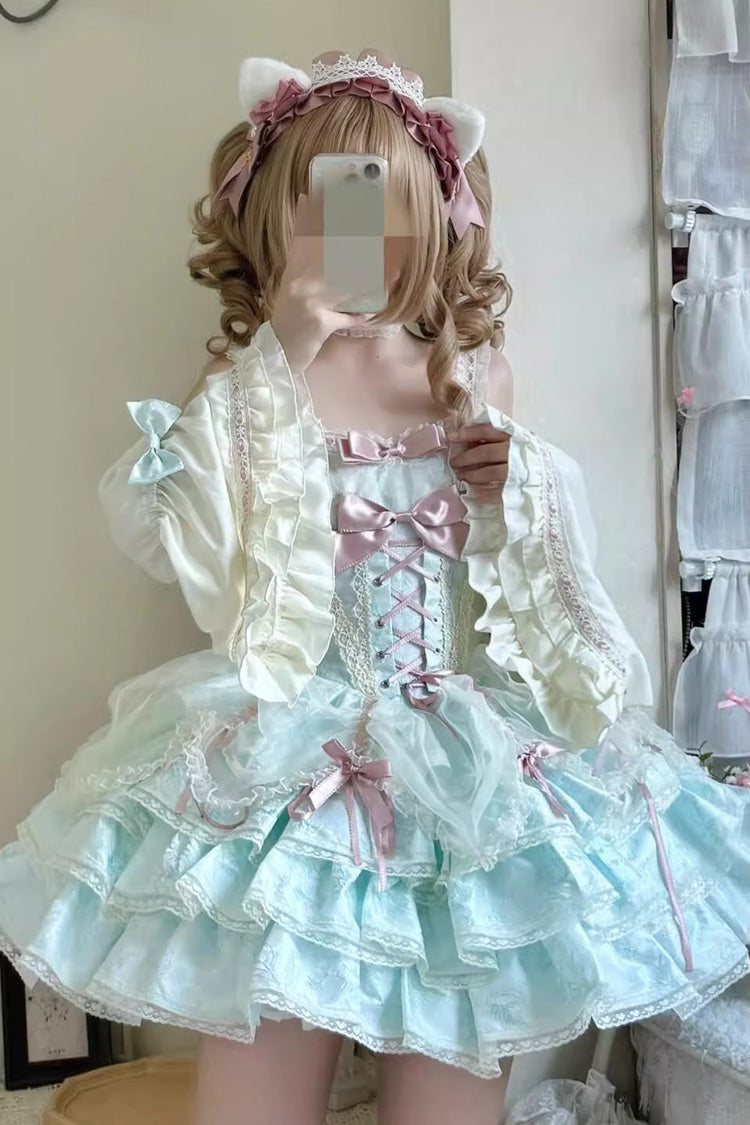 Green Sleeveless Multi-layer Ruffle Bowknot Lace-Up Sweet Princess Lolita Jsk Dress - Product - 2