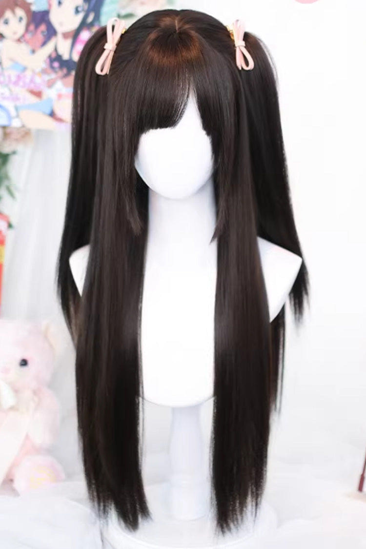 Kawaii Anime-Style Long Straight Twin-Tails Sweet Lolita Wig 2 Colors - Black-Tea-Brown - 1
