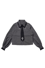 Black [Hymn of the Cross] Long Sleeves Printed Ruffled Asymmetric Chain-Decorated Gothic Jirai Kei Skirt Set - Blouse - 13