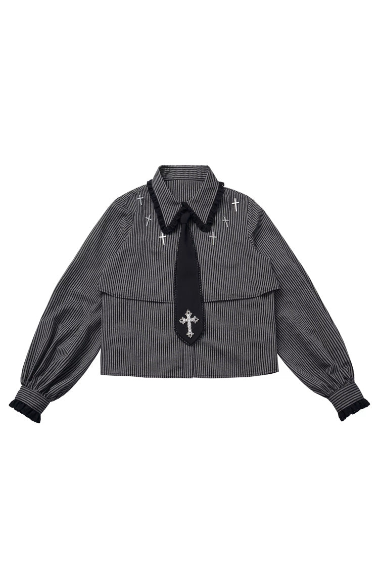 Black [Hymn of the Cross] Long Sleeves Printed Ruffled Asymmetric Chain-Decorated Gothic Jirai Kei Skirt Set - Blouse - 13