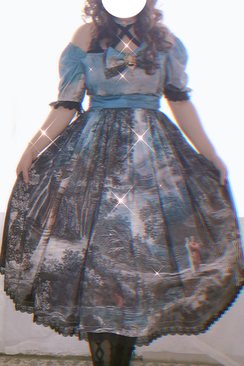 Multi-Color Square Collar Lace Short Sleeves Oil Painting Print Plus Size High Waisted Classic Lolita OP Dress - Multi-Color - 1