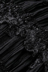 Black Square Collar Long Flared Sleeves Multi-Layered Lace Trim Lace-Up Women's Gothic Velvet Dress - Product - 16