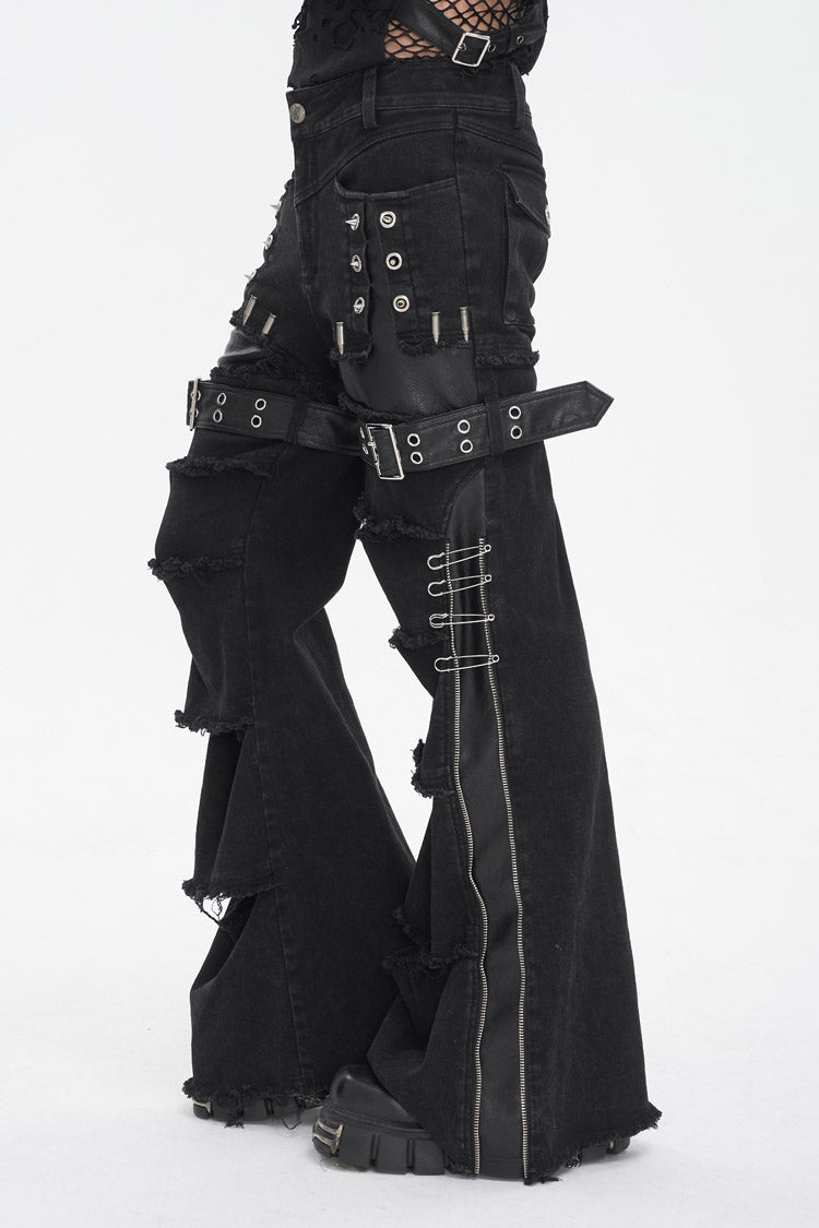 Black Faux Leather Splice Men's Punk Flared Pants - Product - 2