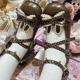 Rabbit Accent Bow Cross-Strap Mid-Heel Lolita Shoes with Cat Paw Heels and Ankle Bells - Chocolate-Brown - 8
