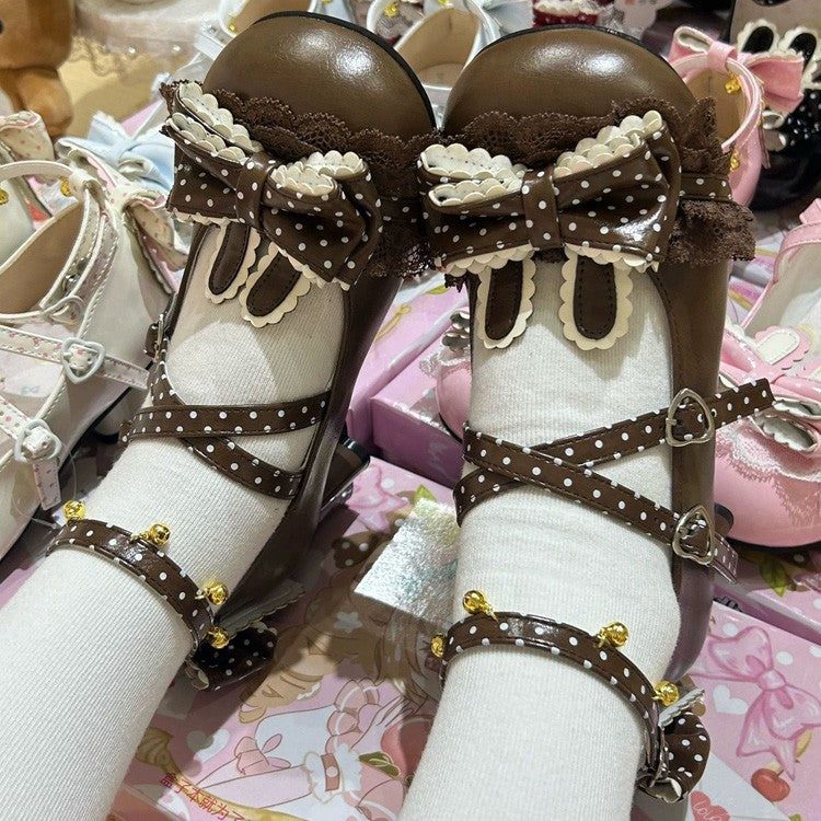 Rabbit Accent Bow Cross-Strap Mid-Heel Lolita Shoes with Cat Paw Heels and Ankle Bells - Chocolate-Brown - 8
