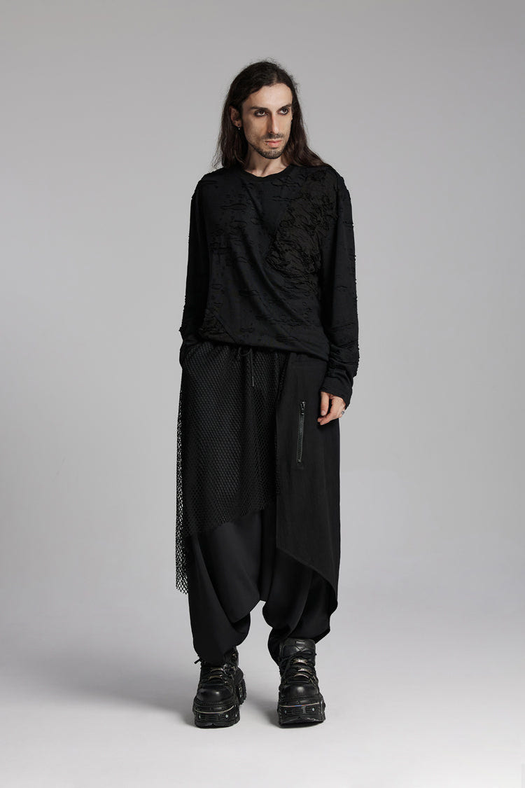 Black Round Collar Long Sleeves Ripped Mesh Men's Punk T-Shirt - Product - 4