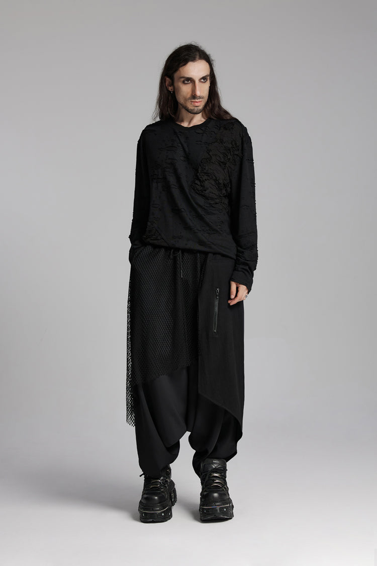 Black Round Collar Long Sleeves Ripped Mesh Men's Punk T-Shirt - Product - 4
