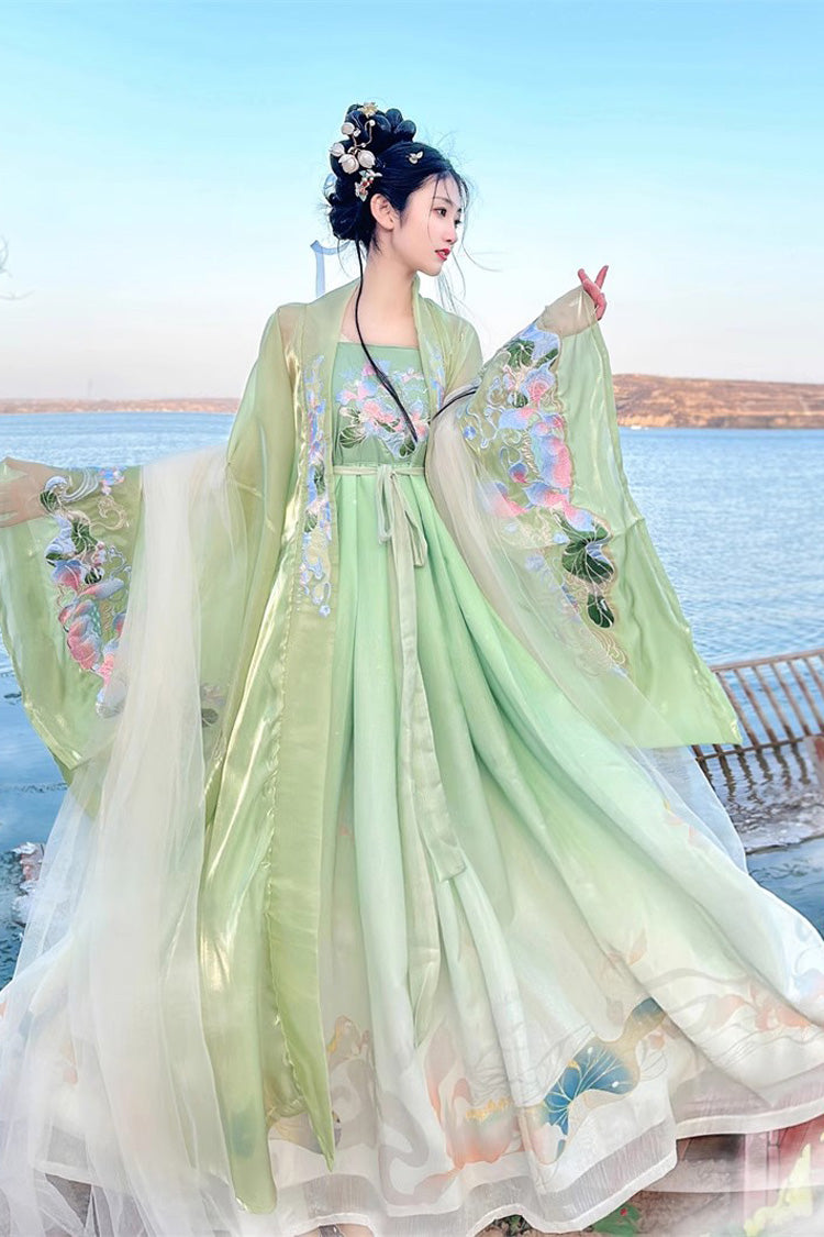Green Tang Dynasty Long Trumpet Sleeves Print Embroidery Sweet Hanfu Dress - Product - 3