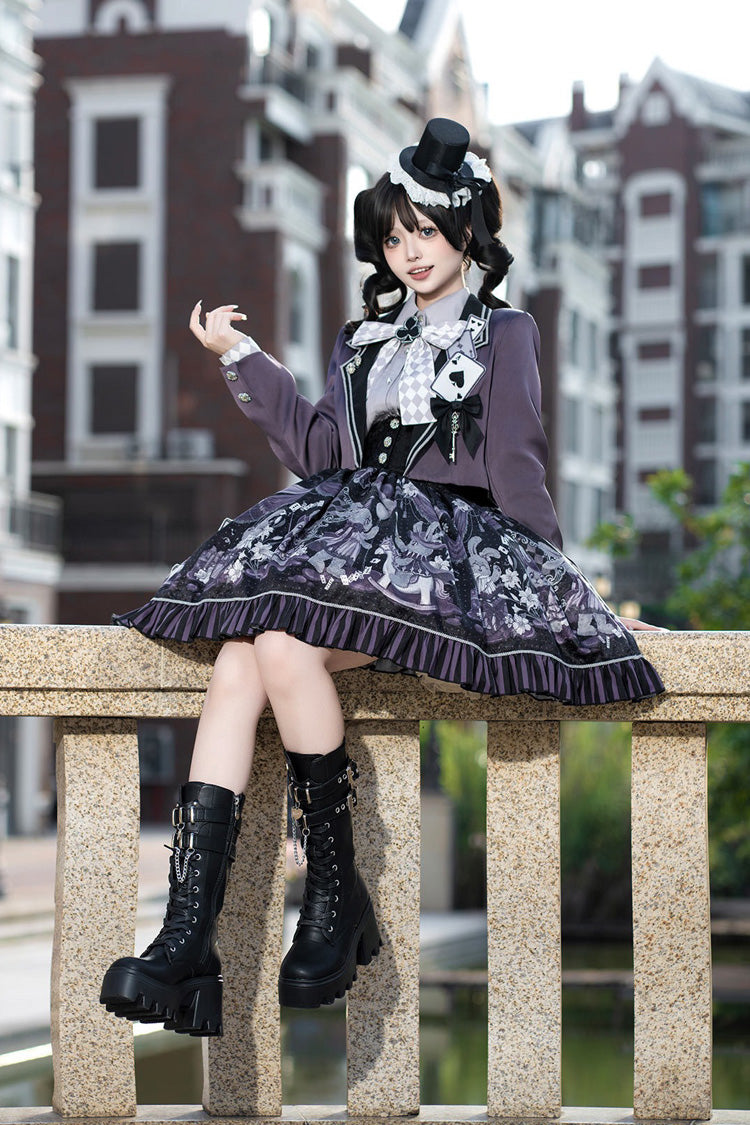 Black/Purple [Magic Troupe] Printed Ruffled Sweet Classic Lolita Skirt Set - Product - 7