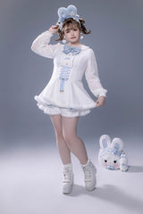 White Long Sleeves Ruffle Bowknot Lace-Up Japanese Jirai Kei Dress Shorts Plush Set - Product - 13