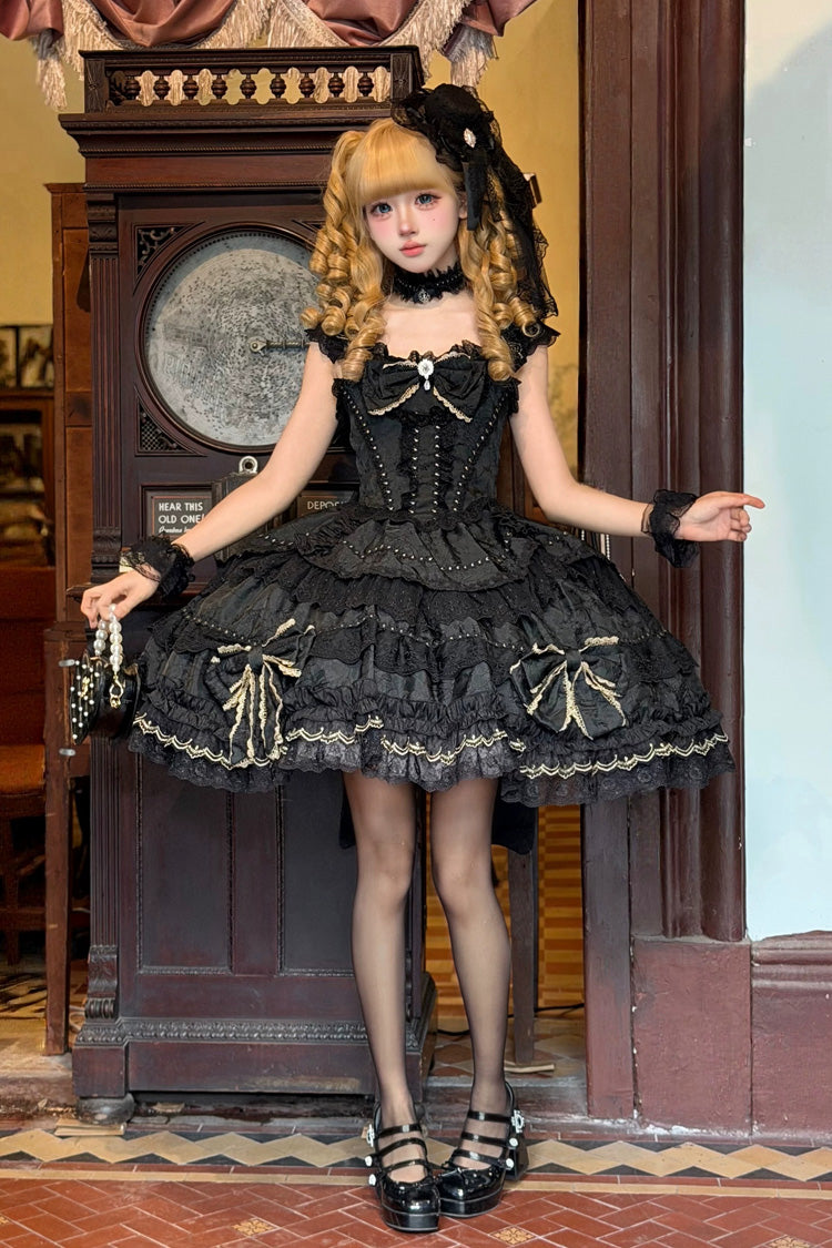 Black [Day and Night Duality] Square Collar Sleeveless Multi-Layered Jacquard Ruffled Bow Lace Gothic Lolita Jsk Dress - Product - 4