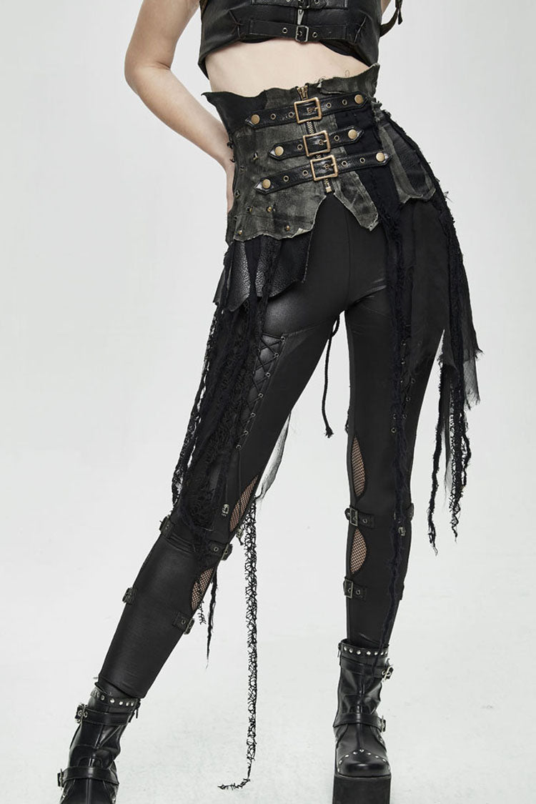 Black Vintage Leather Patchwork Distressed Belted Irregularly Lace Hem Women's Punk Half Skirt - Product - 10
