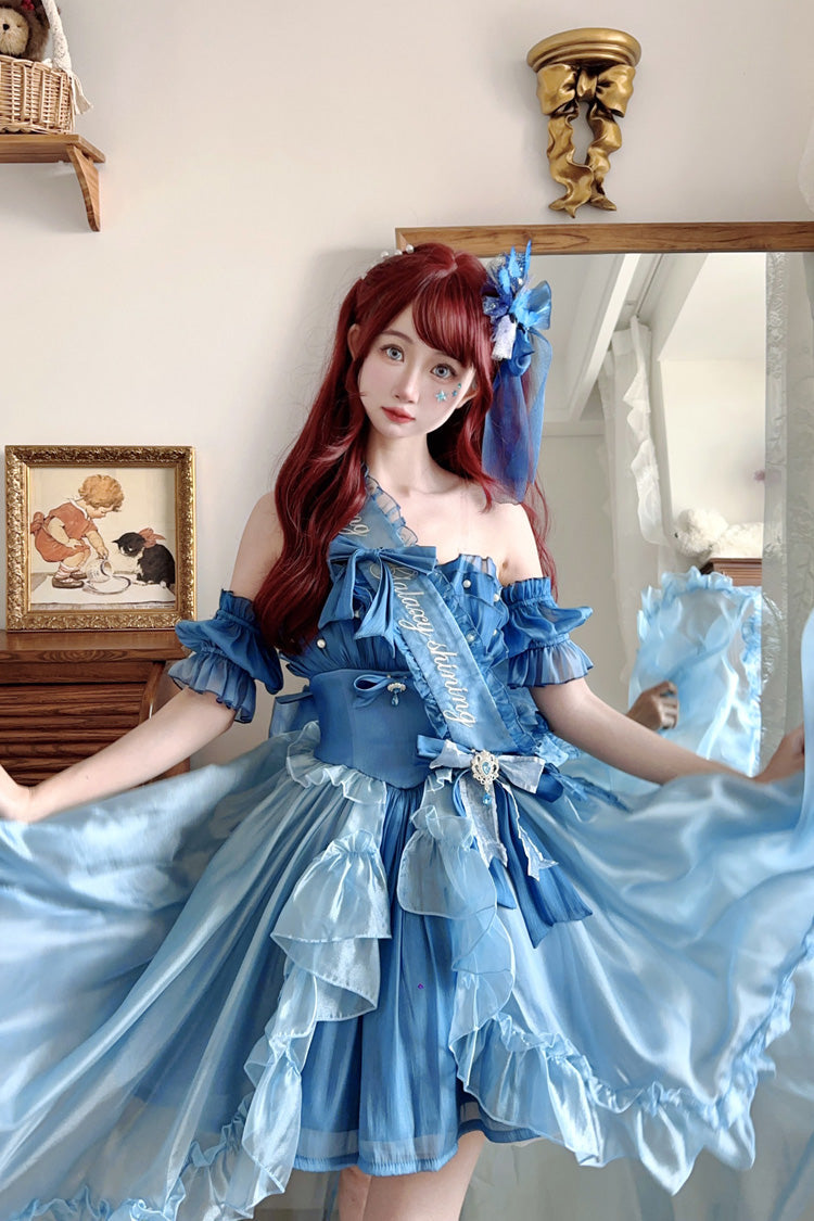 Blue [Mermaid Princess] Ruffle Hanayome Bowknot Sweet Elegant Lolita Jsk Dress Set - Product - 4