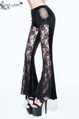 Black Side Bead Chain Flowers Splice Rose Pattern Lace Embossed Women's Gothic Knitted Flare Trousers - Product - 2
