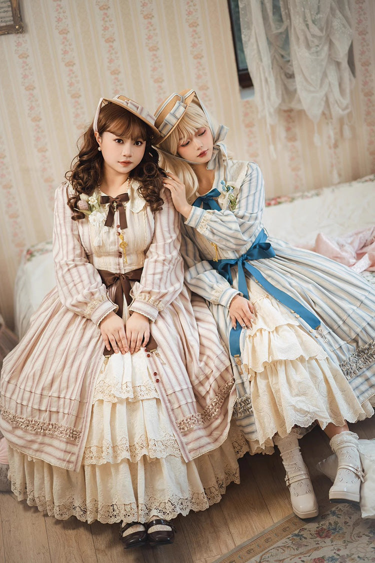 Forest Atlas Striped Print Long Sleeves Bowknot Sweet Lolita Dress 3 Colors - Product - 21