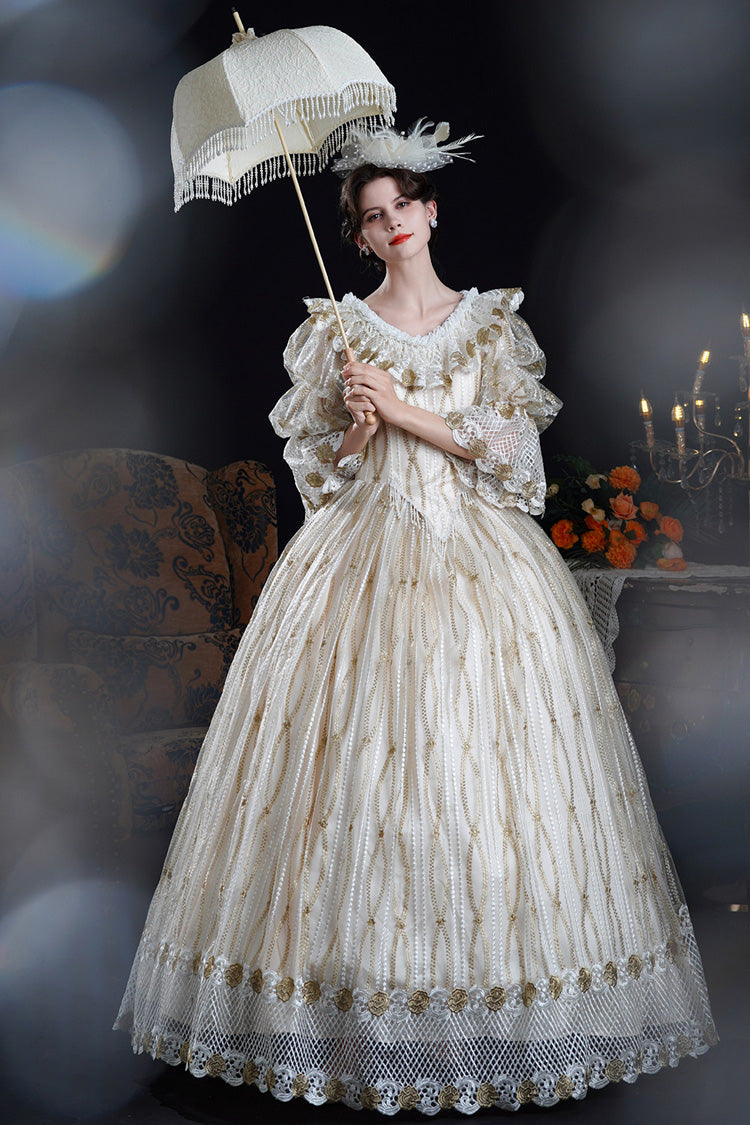 Champagne Long Puff Sleeves Ruffled Cut-Out Mesh Classic Vintage Palace Lolita Victorian Dress - Product - 4
