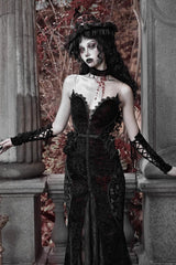 Black/Red [Scarlet Blood Peak] Sleeveless High Waisted Ruffle Embroidery Lace Gothic Lolita Fishtail Dress - Product - 9