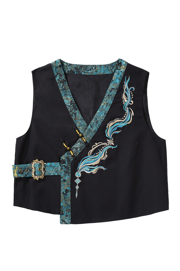 Black/Green Round Collar Long Sleeves Ruffle Embroidery Chinese Style Vintage Handsome Ouji Lolita Set - Product - 14