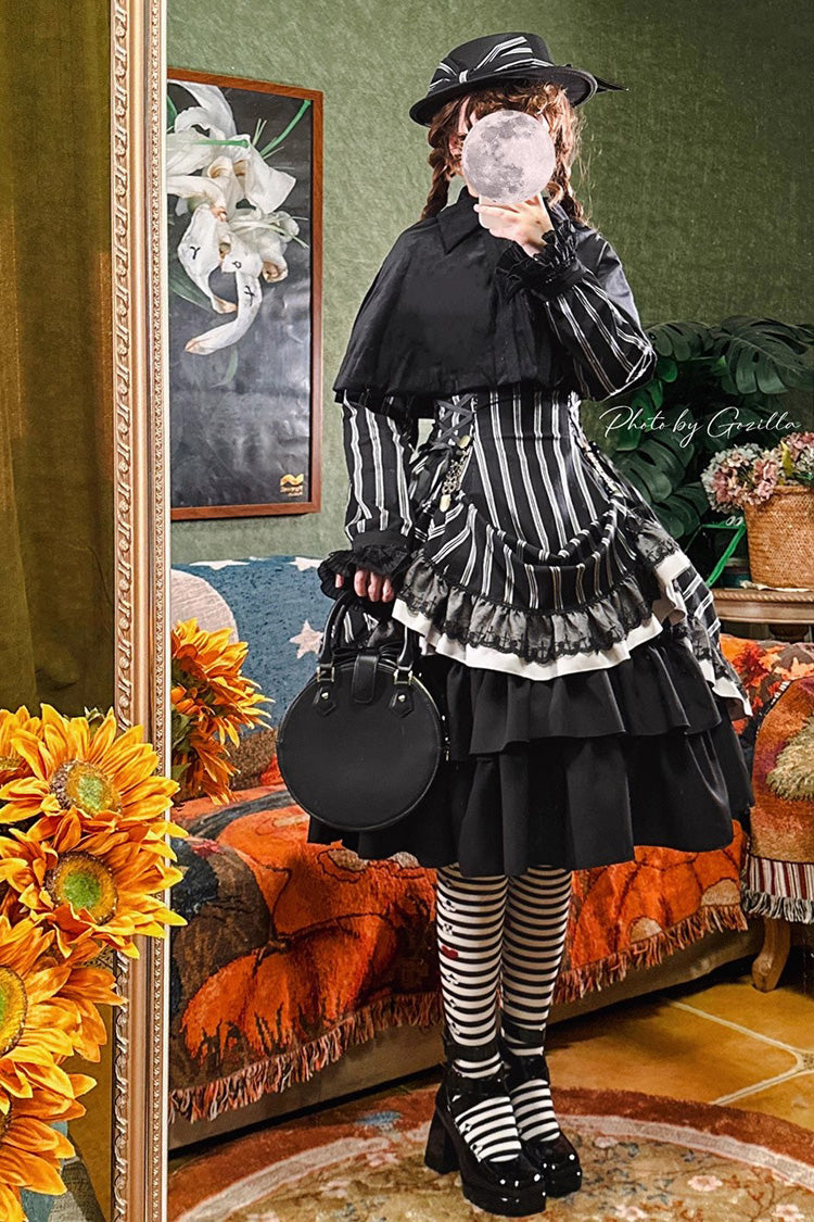 Black Stand Collar Long Sleeves Multi-layer Striped Print Ruffle Gothic Lolita Dress - Product - 4