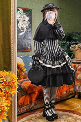 Black Stand Collar Long Sleeves Multi-layer Striped Print Ruffle Gothic Lolita Dress - Product - 4