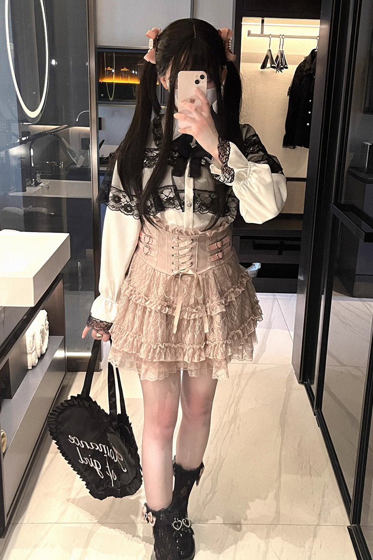 [Rose Palpitations] High Waisted Ruffle Lace Sweet Jirai Kei Skirt 4 Colors - Pink - 6