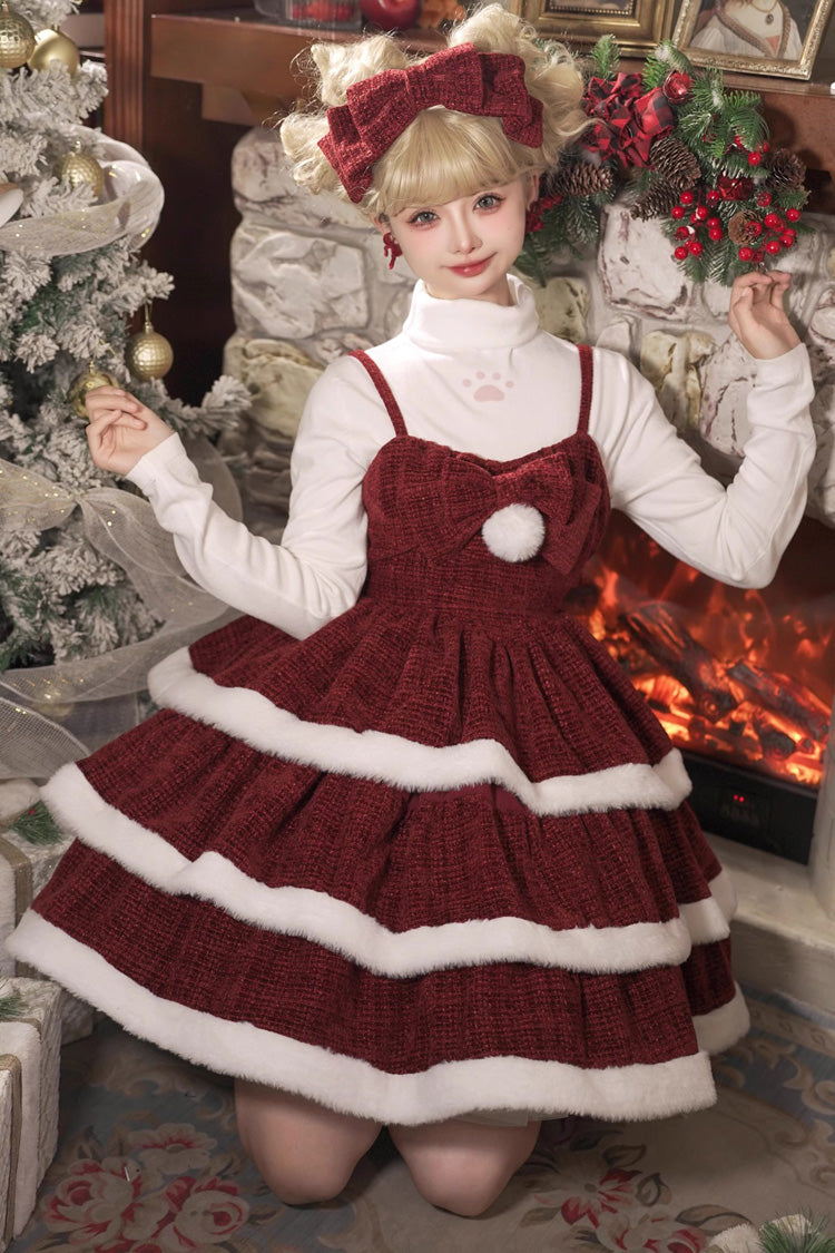 Red [Christmas Carol] Triple-Layered Bowknot Sweet Lolita Jsk Dress - Product - 5