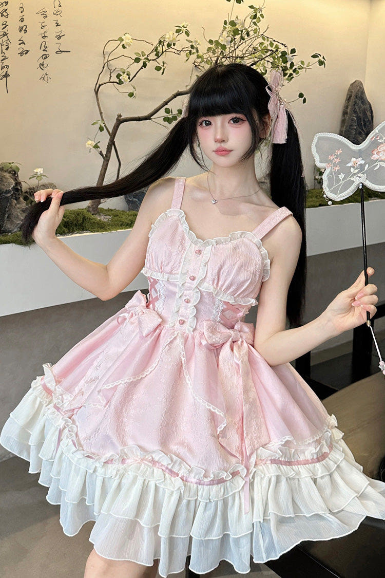 Pink [Spring Flower Notes] Ruffle Bowknot Lace Sweet Princess Lolita Jsk Dress - Pink - 1
