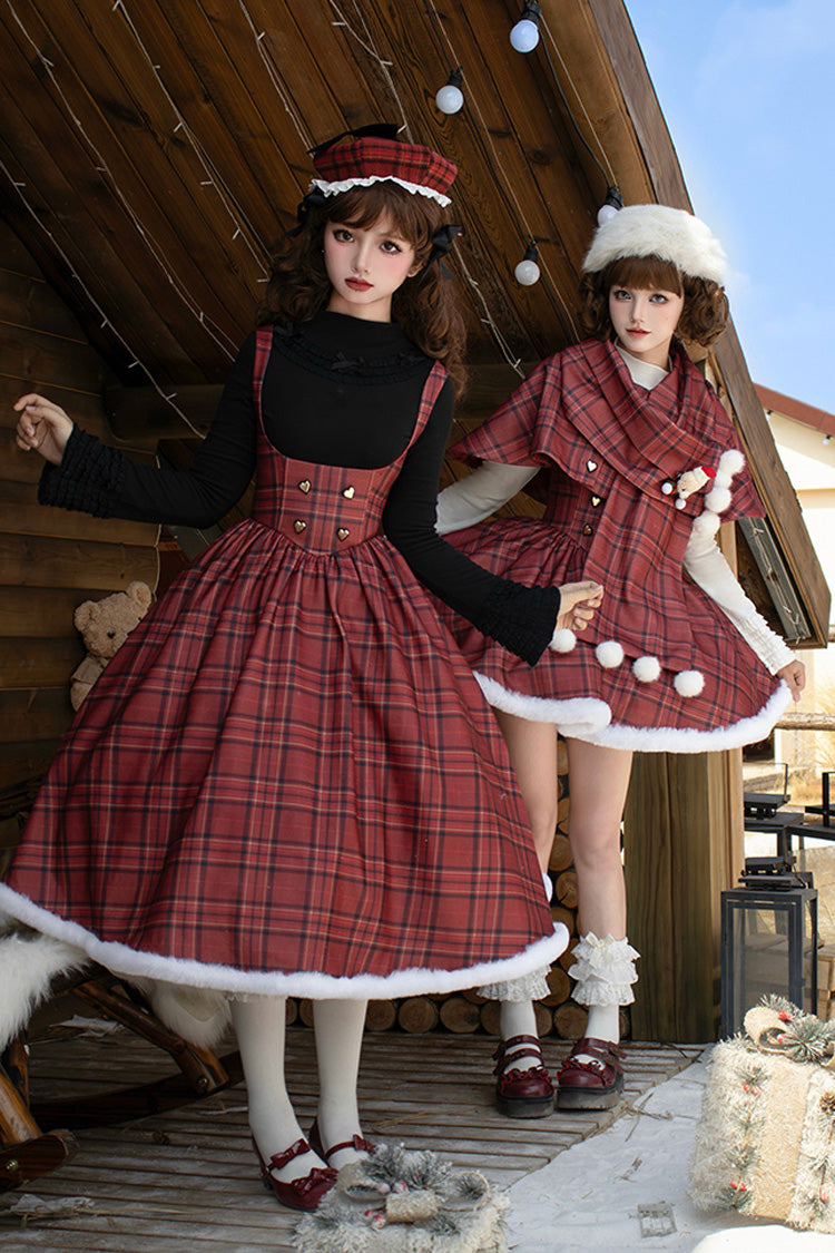 Red Striped Plaid Print Fall Winter Fishbone Sweet Corset Lolita Dress 2 Versions - Product - 13