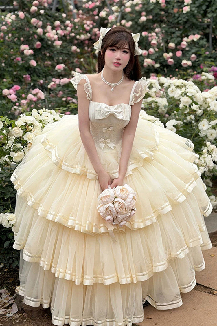 Apricot [Sweet Organza Satin] Sleeveless Multi-Layered Ruffled Hanayome Bow Lace Sweet Elegant Princess Lolita Jsk Dress - Product - 13