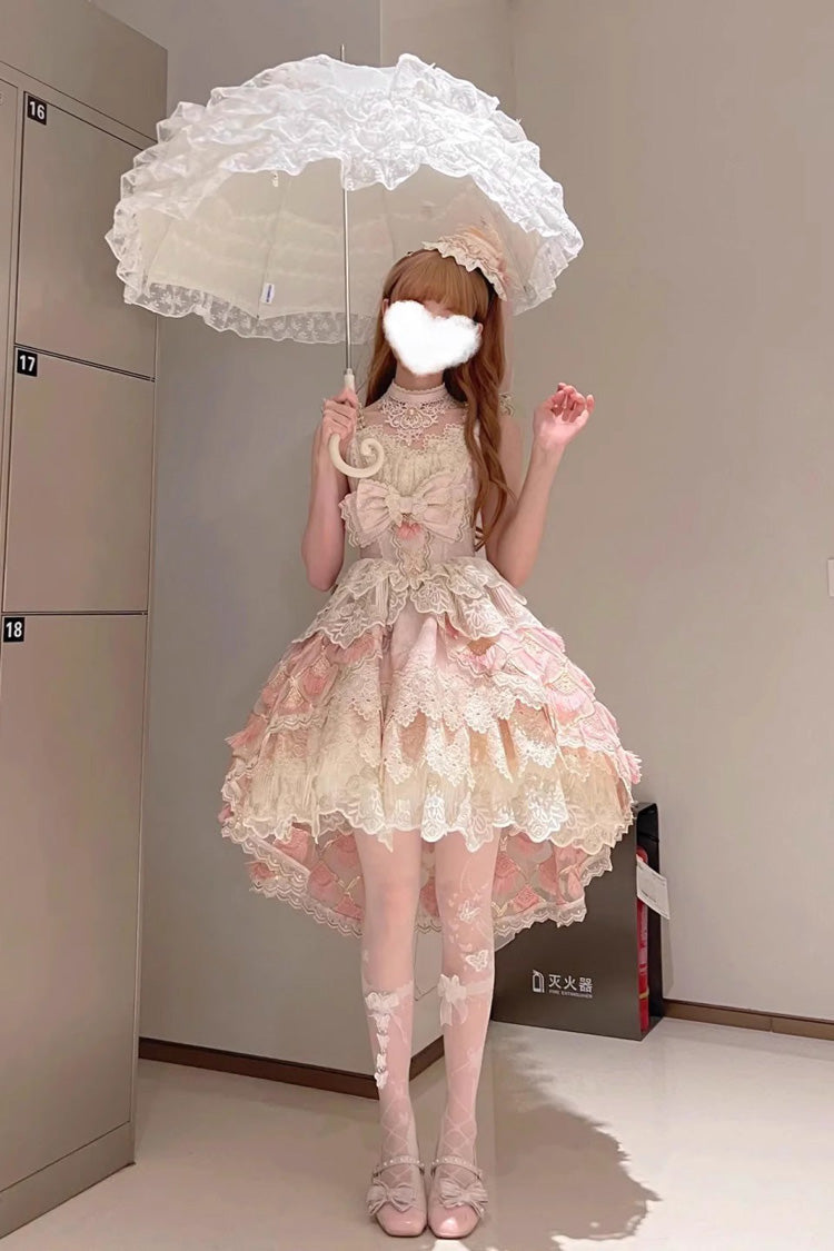 Pink [Peacock Feather] Multi-Layered Ruffle Hanayome Cardigan Bowknot Lace Sweet Lolita Jsk Dress Set - Product - 15