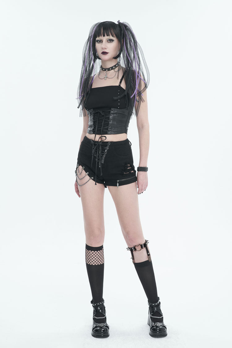 Black Asymmetric Metal Chain Ripped Zip Denim Women's Punk Shorts - Product - 5