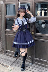 Blue [Rabbit Officer] Long Sleeves Printed Ruffled Faux Two-Piece College Style Sweet Lolita Dress - Product - 12