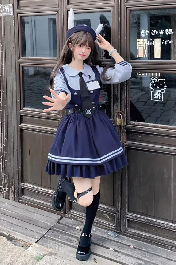 Blue [Rabbit Officer] Long Sleeves Printed Ruffled Faux Two-Piece College Style Sweet Lolita Dress - Product - 12