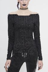 Black Printed Circuit Board Pattern Off-Shoulder Leather Strip Rivet Tight Women's Punk T-Shirt - Black - 1