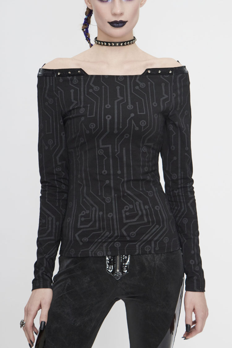 Black Printed Circuit Board Pattern Off-Shoulder Leather Strip Rivet Tight Women's Punk T-Shirt - Black - 1