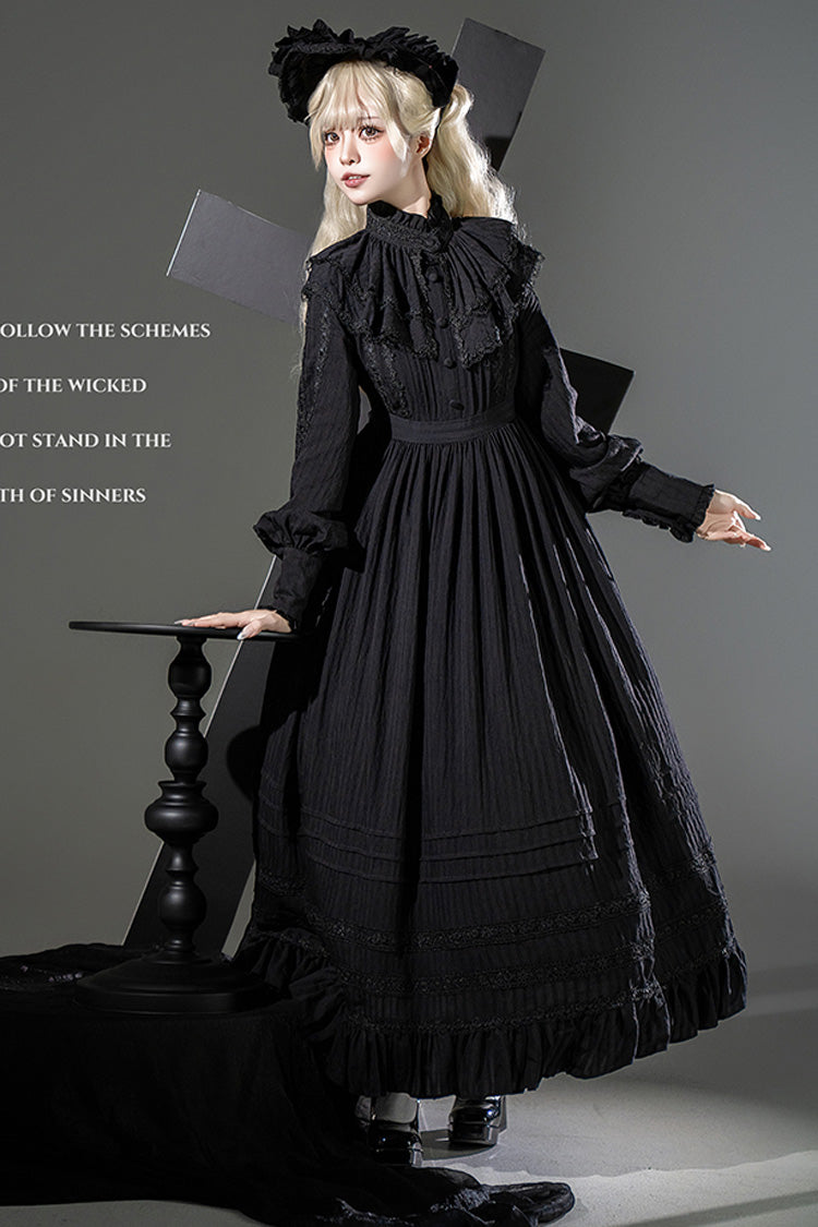 Black [Quiet Place] Long Sleeves Jacquard Ruffle Embroidery Bowknot Gothic Lolita Dress - Product - 4