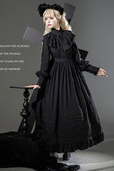 Black [Quiet Place] Long Sleeves Jacquard Ruffle Embroidery Bowknot Gothic Lolita Dress - Product - 4
