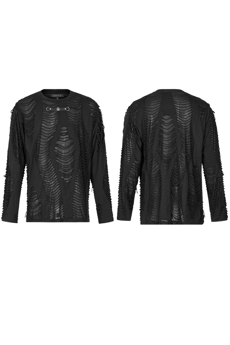Black Round Collar Long Sleeves Double-Layered Ripped Men's Gothic Blouse - Product - 5