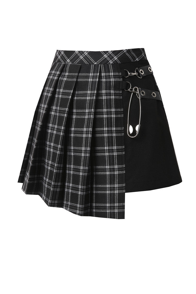 Black/White Irregular Plaid Pleated Women's Punk Hem Skirt - Product - 3