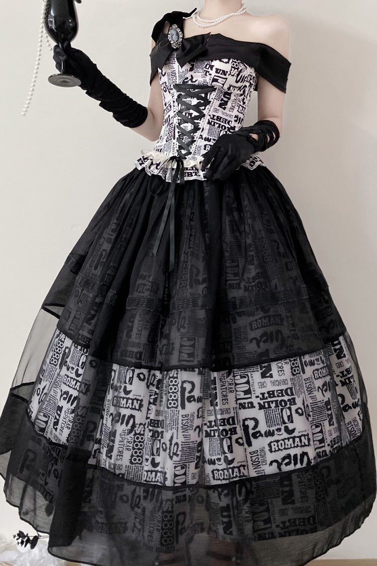 Black [Pin-Up Girl] Boat Neck Printed Ruffled Bow Lace-Up Asymmetric Gothic Elegant Lolita Skirt Set - Product - 10
