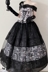 Black [Pin-Up Girl] Boat Neck Printed Ruffled Bow Lace-Up Asymmetric Gothic Elegant Lolita Skirt Set - Product - 10