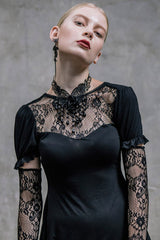 Black Sexy Mid-Length Patterned Lace Modal Women Gothic T-Shirt With Necklace - Product - 2