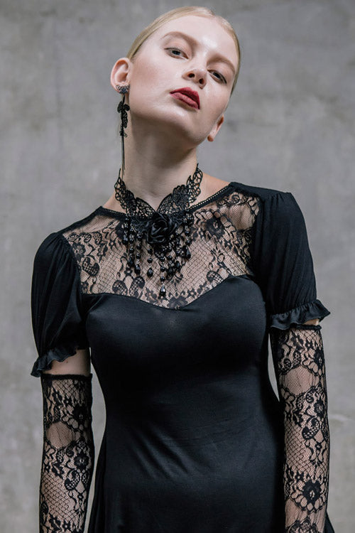 Black Sexy Mid-Length Patterned Lace Modal Women Gothic T-Shirt With Necklace - Product - 2
