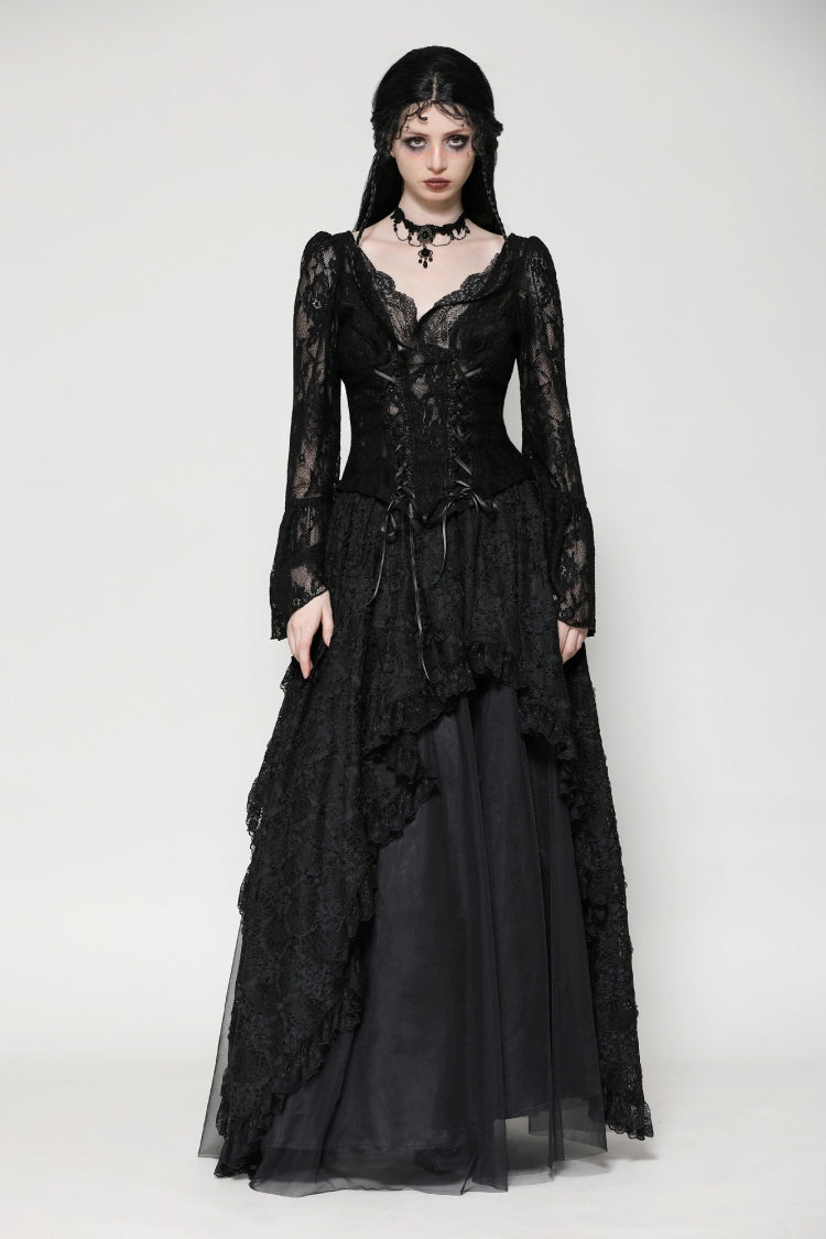 Black Deep V Collar Long Trumpet Sleeves Lace Lace-Up Women's Gothic Corset Top - Product - 5