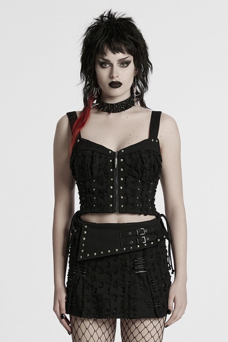 Black Sleeveless Lace-Up Rivet Women's Punk Vest - Black - 1