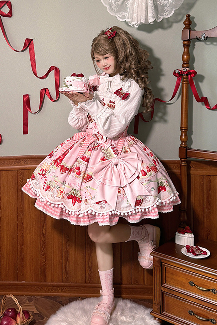 Mint Strawberry Dessert Print Natural Waisted Ruffle Bowknot Sweet Lolita JSK Dress 4 Colors - Product - 7