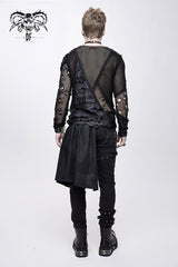 Black A Variety Of Mesh Materials Stitching Unedged Broken Holes Round Collar Men's Punk T-Shirt - Product - 4