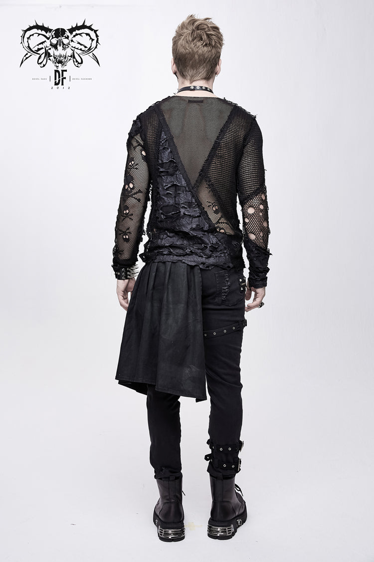 Black A Variety Of Mesh Materials Stitching Unedged Broken Holes Round Collar Men's Punk T-Shirt - Product - 4