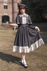 Dark Blue [Berlin Evening News] Long Sleeves Striped Print Ruffle Bowknot British College Style Elegant Sweet Lolita Dress - Product - 22